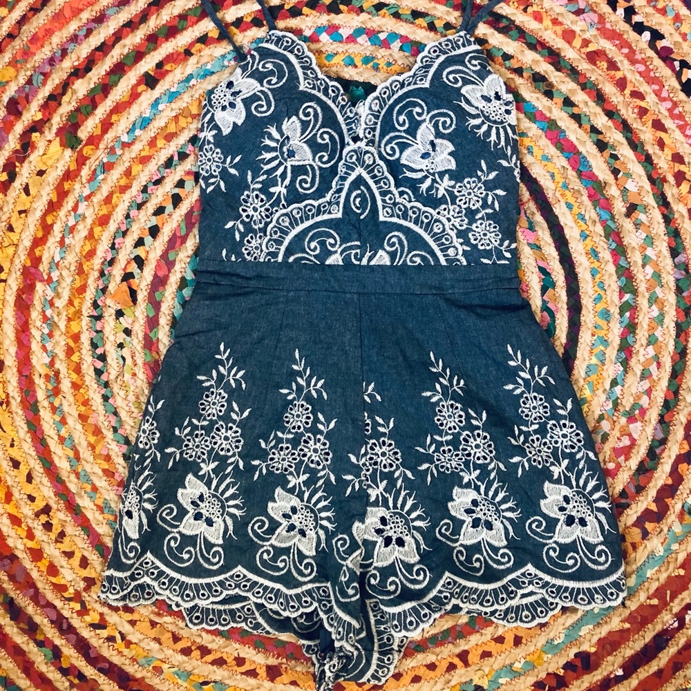 Chambray embroidered romper NWT